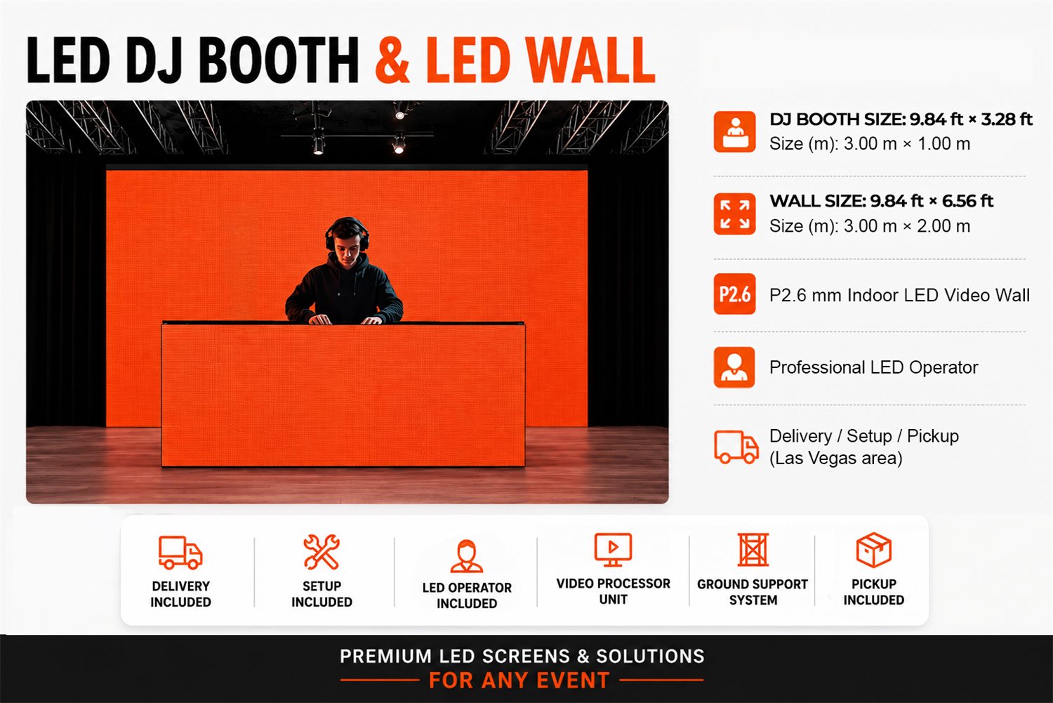 DJ Booth & LED Wall — Booth 3.00 × 1.00 m · Wall 3.00 × 2.00 m