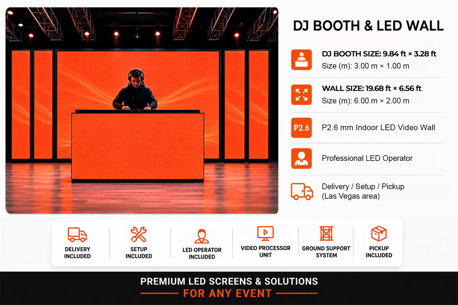 DJ Booth & LED Wall — Booth 3.00 × 1.00 m · Wall 6.00 × 2.00 m