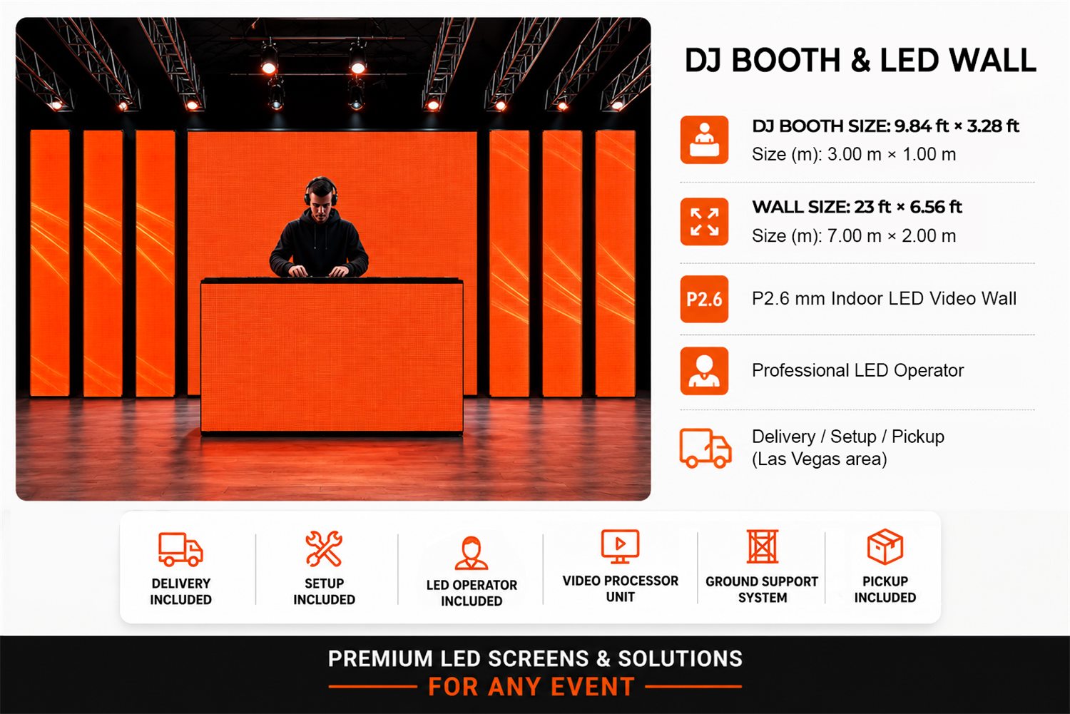 DJ Booth & LED Wall — Booth 3.00 × 1.00 m · Wall 7.00 × 2.00 m