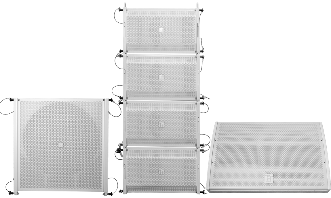 TSF line array system &mdash; subwoofer, four flown array modules and a stage monitor