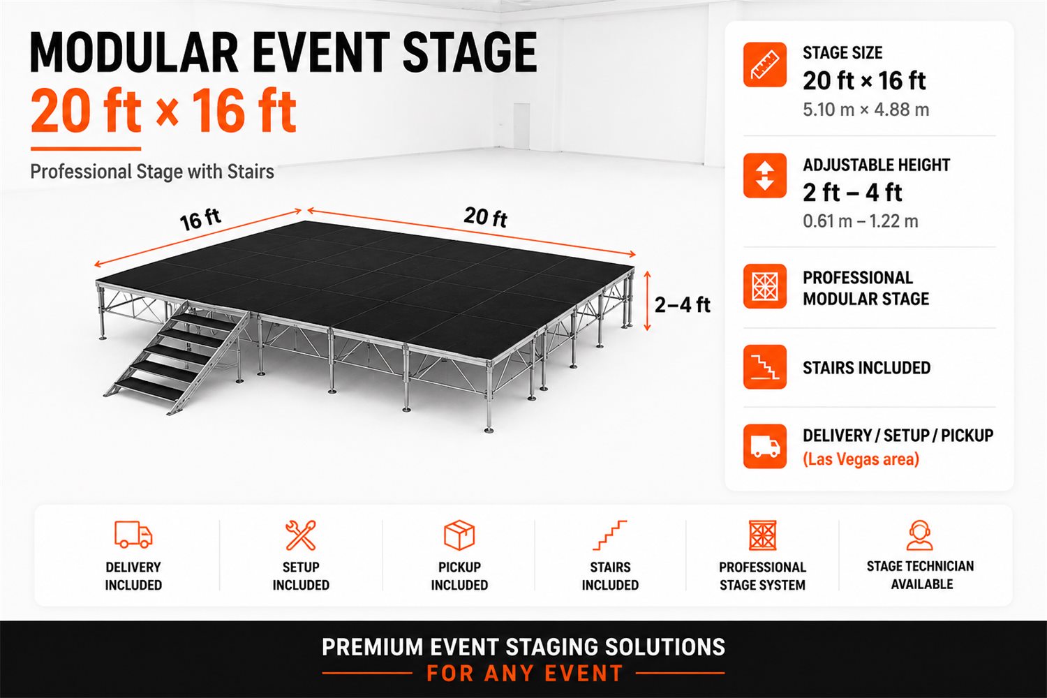A 20 by 16 ft modular event stage deck with stairs