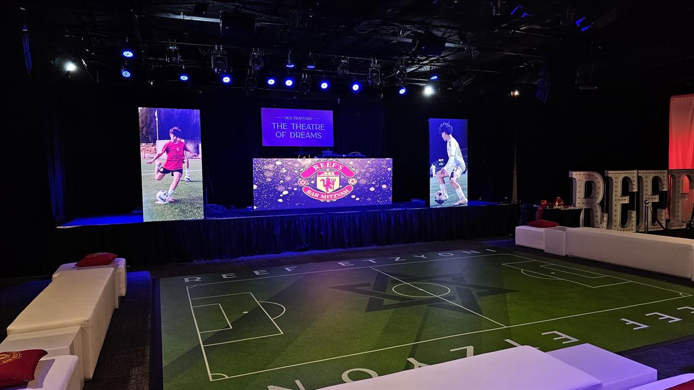 Corporate event stage with a central LED wall, two side panels and a branded floor